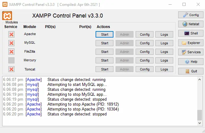 GIF showing XAMPP Control Panel running