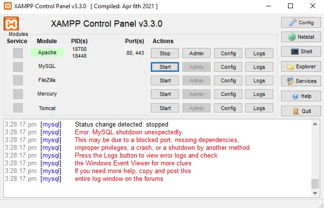 XAMPP Control Panel Showing Error